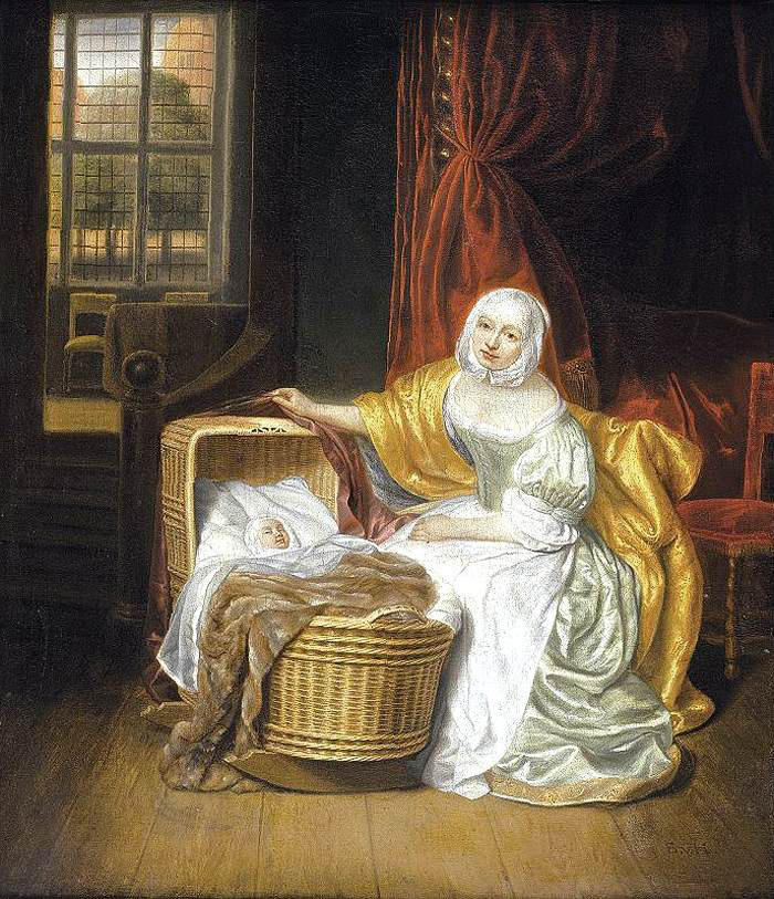 mother with a child in a wicker cradle